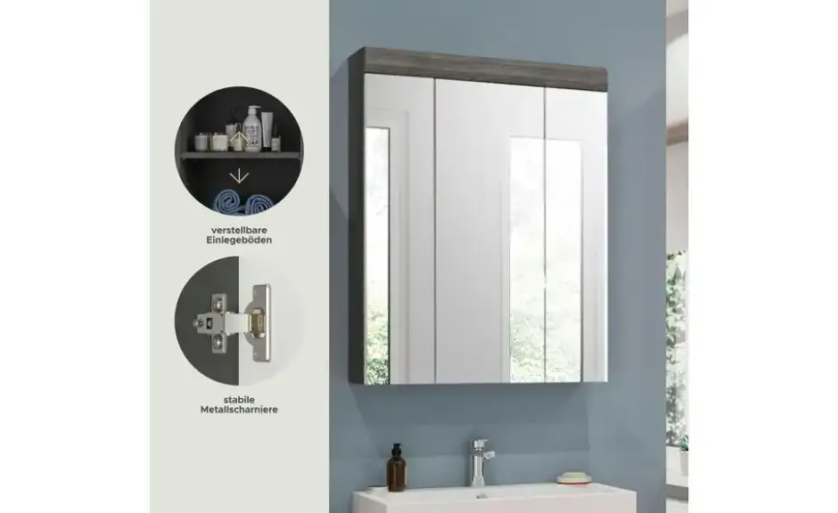 Badezimmerspiegelschrank SCHLOONSEE, Breite 60cm, 3 Spiegeltüren, 9 Fächer, 6 Einlegeböden in verschiedenen Farben erhältlich, Badmöbel, Spiegel, Badschrank, Bad Schloonsee
