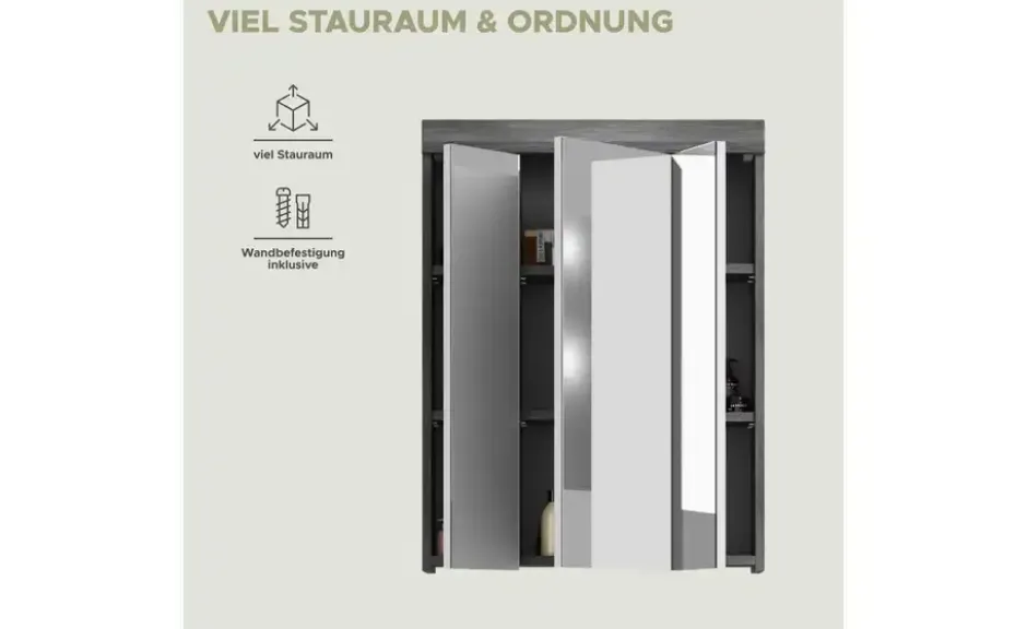 Badezimmerspiegelschrank SCHLOONSEE, Breite 60cm, 3 Spiegeltüren, 9 Fächer, 6 Einlegeböden in verschiedenen Farben erhältlich, Badmöbel, Spiegel, Badschrank, Bad Schloonsee