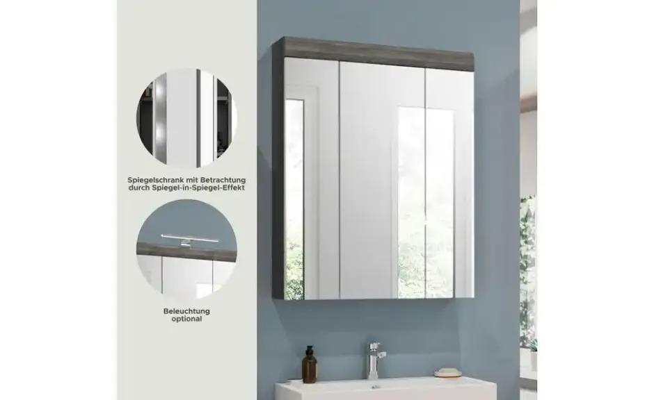 Badezimmerspiegelschrank SCHLOONSEE, Breite 60cm, 3 Spiegeltüren, 9 Fächer, 6 Einlegeböden in verschiedenen Farben erhältlich, Badmöbel, Spiegel, Badschrank, Bad Schloonsee
