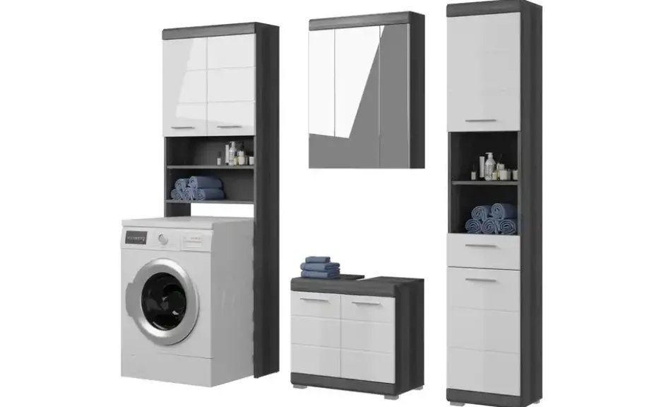 Badmöbel-Set SCHLOONSEE, 4 teilig, bestehend aus: Hochschrank, WBU, Spiegelschrank, Waschmaschinenumbauschrank Schloonsee
