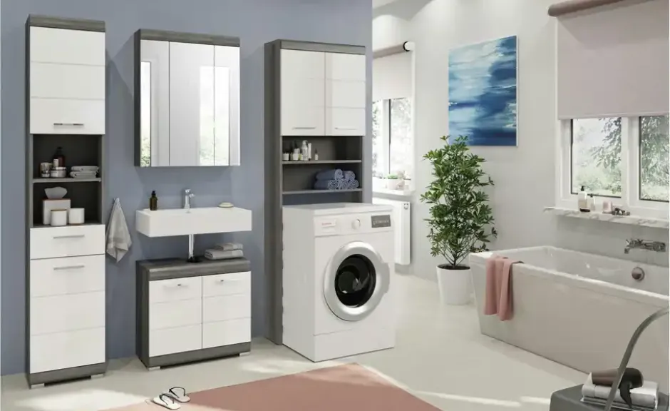 Badmöbel-Set SCHLOONSEE, 4 teilig, bestehend aus: Hochschrank, WBU, Spiegelschrank, Waschmaschinenumbauschrank Schloonsee