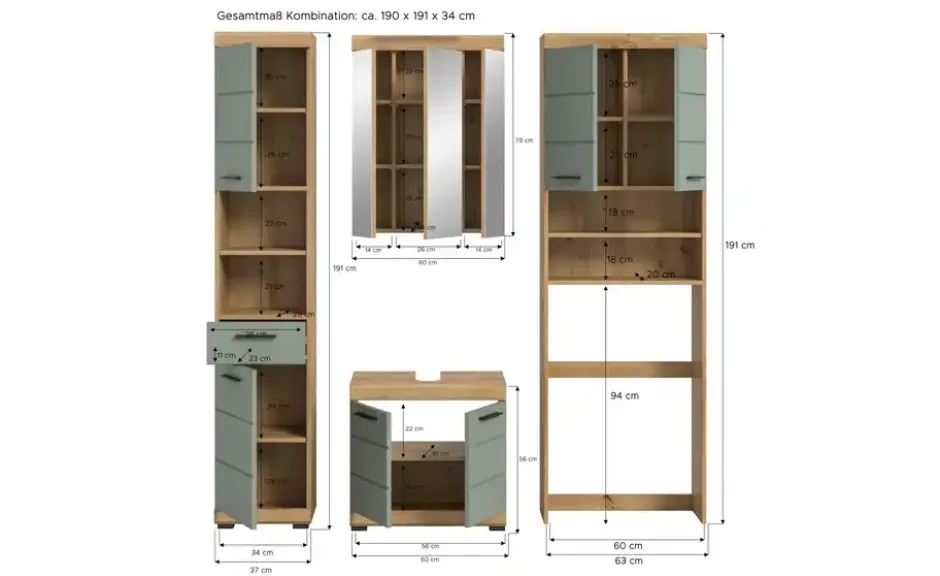 Badmöbel-Set SCHLOONSEE, 4 teilig, bestehend aus: Hochschrank, WBU, Spiegelschrank, Waschmaschinenumbauschrank Schloonsee