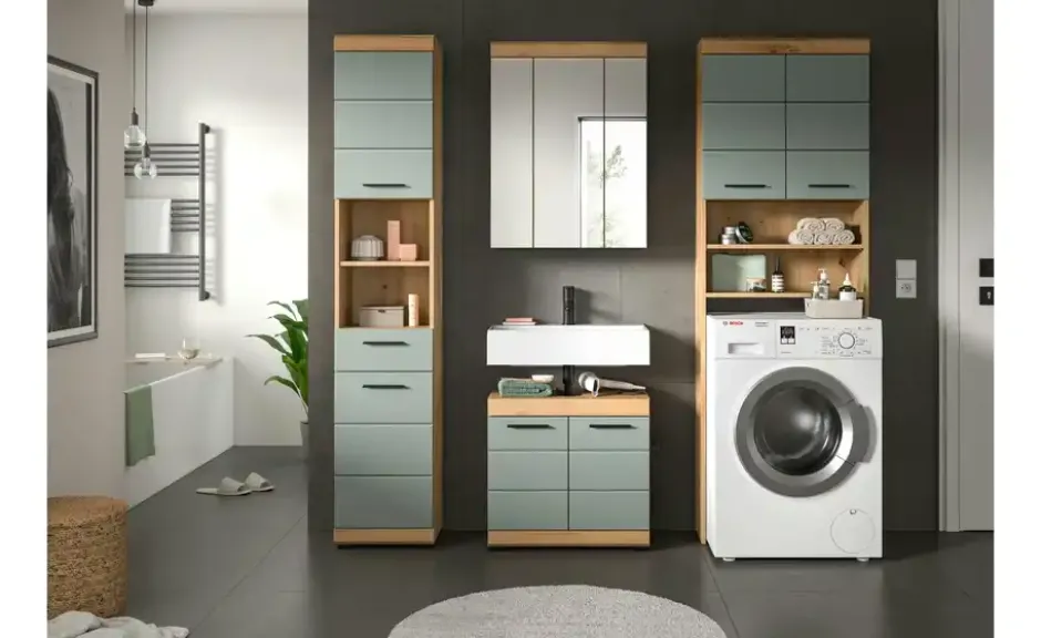 Badmöbel-Set SCHLOONSEE, 4 teilig, bestehend aus: Hochschrank, WBU, Spiegelschrank, Waschmaschinenumbauschrank Schloonsee