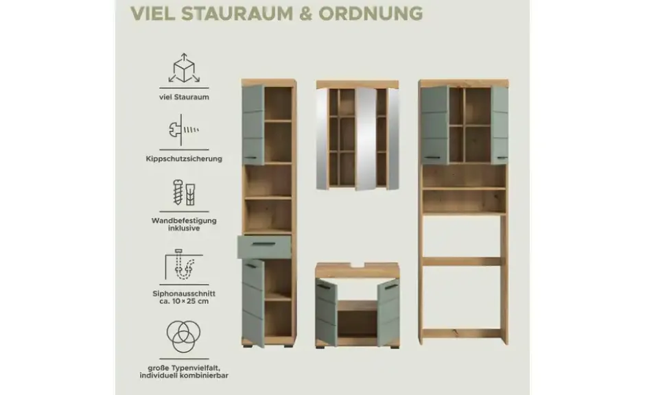 Badmöbel-Set SCHLOONSEE, 4 teilig, bestehend aus: Hochschrank, WBU, Spiegelschrank, Waschmaschinenumbauschrank Schloonsee
