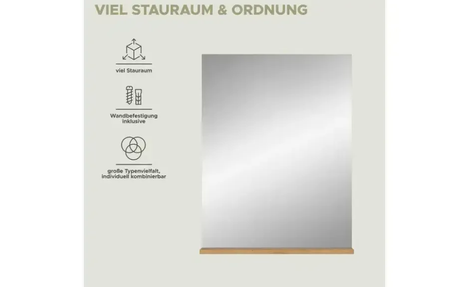 Badspiegel SCHLOONSEE, Breite 60cm, 1 Ablageboden, hochwertiges Spiegelglas in verschiedenen Farben erhältlich, Badmöbel, Spiegel, Badezimmer Schloonsee