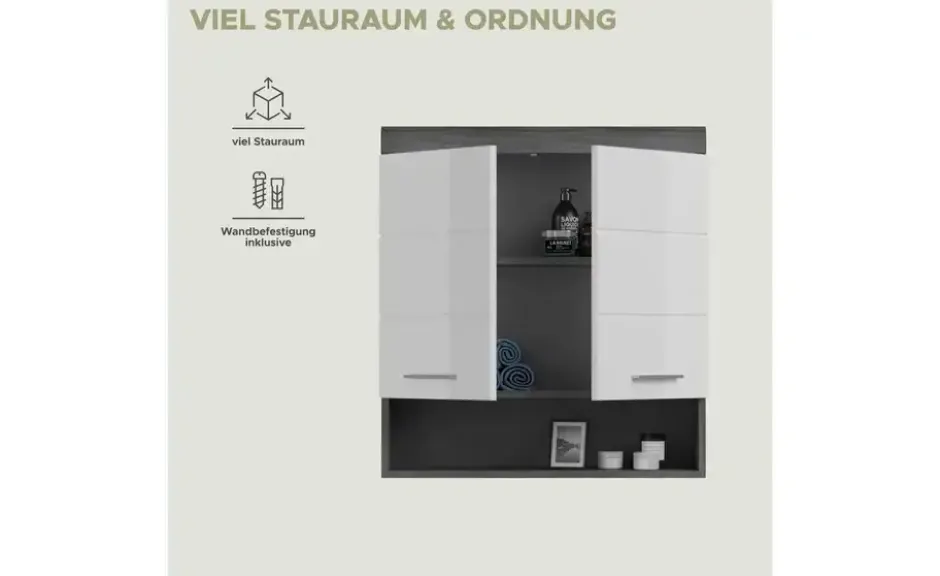 Hängeschrank SCHLOONSEE, Breite 74cm, 2 Türen, 1 offenes Fächer, MDF-Front in verschiedenen Farben erhältlich, Badmöbel, Badschrank, Schrank, Bad Schloonsee