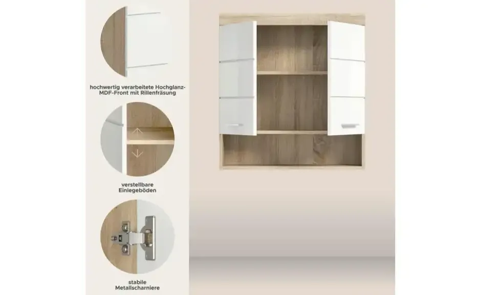 Hängeschrank SCHLOONSEE, Breite 74cm, 2 Türen, 1 offenes Fächer, MDF-Front in verschiedenen Farben erhältlich, Badmöbel, Badschrank, Schrank, Bad Schloonsee