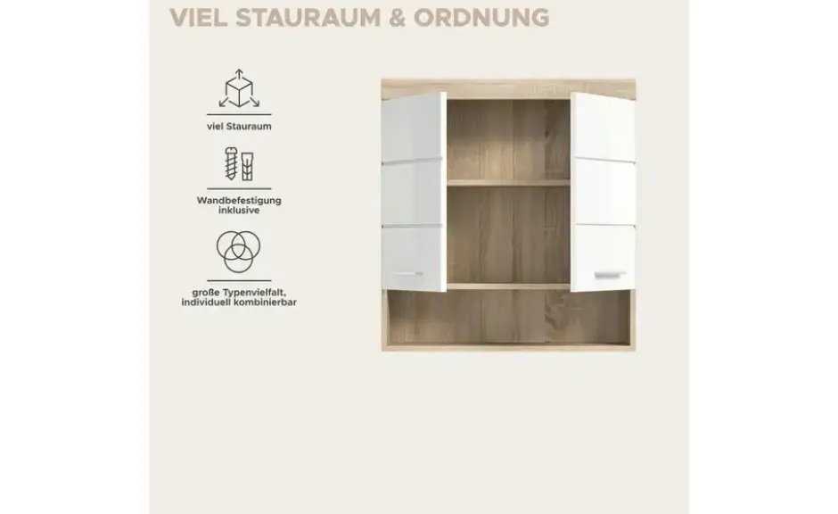 Hängeschrank SCHLOONSEE, Breite 74cm, 2 Türen, 1 offenes Fächer, MDF-Front in verschiedenen Farben erhältlich, Badmöbel, Badschrank, Schrank, Bad Schloonsee