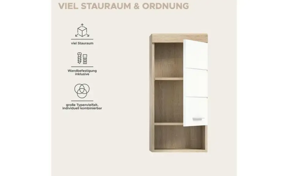 Hängeschrank SCHLOONSEE, Breite 37cm, 1 Tür, 1 offenes Fächer, 1 Einlegeboden, MDF-Front in verschiedenen Farben erhältlich, Badmöbel, Badschrank, Schrank, Bad Schloonsee