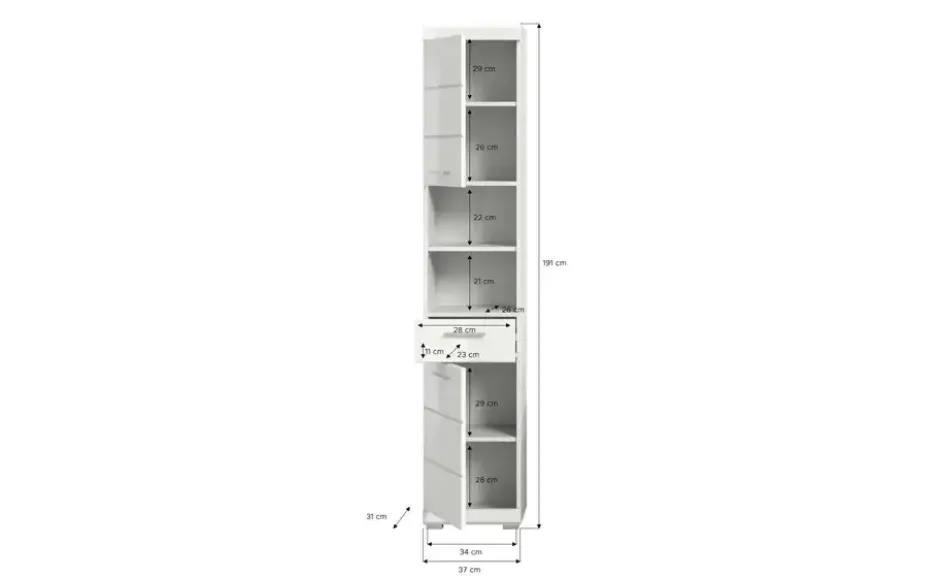 Hochschrank SCHLOONSEE, Breite 37cm, 2 Tür, 1 Schubkasten, 2 offene Fächer, MDF-Front in verschiedenen Farben erhältlich, Badmöbel, Badschrank, Schrank, Bad Schloonsee