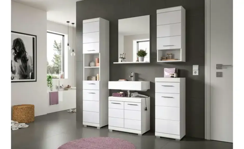 Hochschrank SCHLOONSEE, Breite 37cm, 2 Tür, 1 Schubkasten, 2 offene Fächer, MDF-Front in verschiedenen Farben erhältlich, Badmöbel, Badschrank, Schrank, Bad Schloonsee