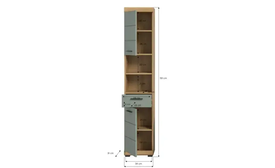 Hochschrank SCHLOONSEE, Breite 37cm, 2 Tür, 1 Schubkasten, 2 offene Fächer, MDF-Front in verschiedenen Farben erhältlich, Badmöbel, Badschrank, Schrank, Bad Schloonsee