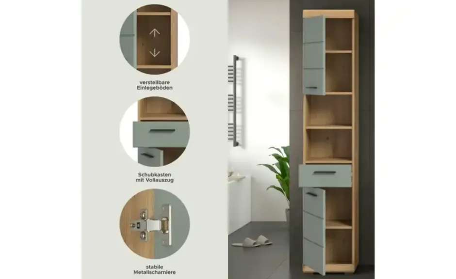 Hochschrank SCHLOONSEE, Breite 37cm, 2 Tür, 1 Schubkasten, 2 offene Fächer, MDF-Front in verschiedenen Farben erhältlich, Badmöbel, Badschrank, Schrank, Bad Schloonsee