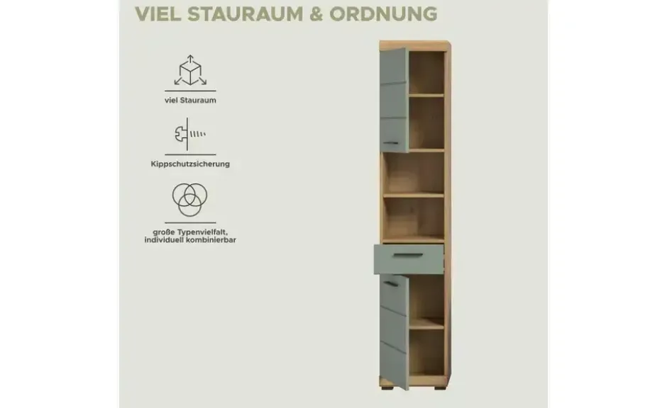 Hochschrank SCHLOONSEE, Breite 37cm, 2 Tür, 1 Schubkasten, 2 offene Fächer, MDF-Front in verschiedenen Farben erhältlich, Badmöbel, Badschrank, Schrank, Bad Schloonsee