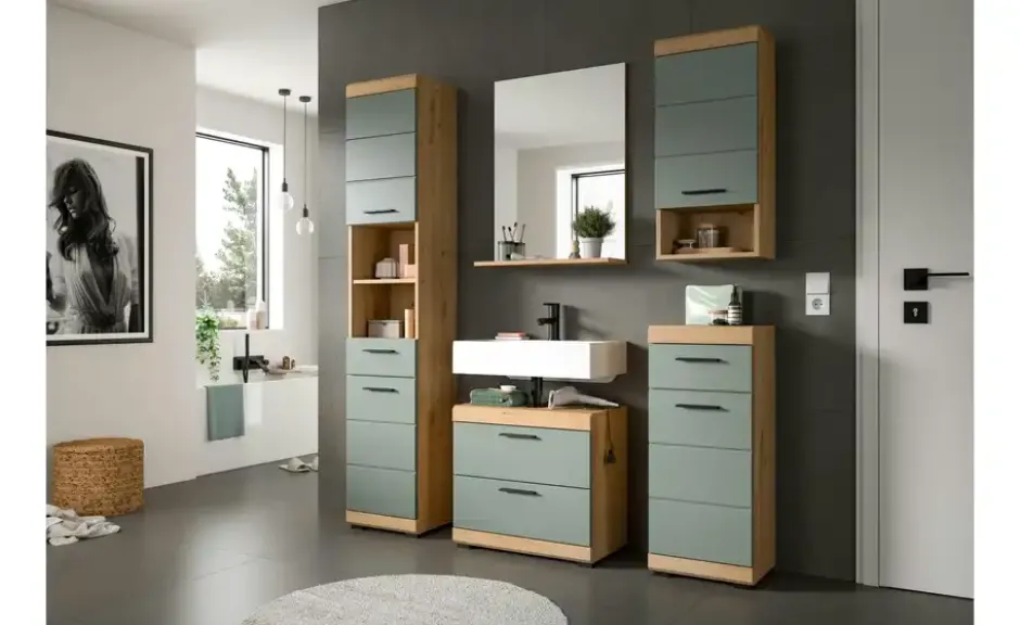 Hochschrank SCHLOONSEE, Breite 37cm, 2 Tür, 1 Schubkasten, 2 offene Fächer, MDF-Front in verschiedenen Farben erhältlich, Badmöbel, Badschrank, Schrank, Bad Schloonsee