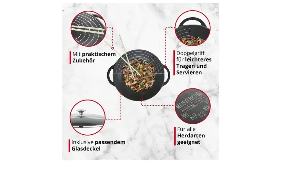 Meisterkoch Gusseisen-Wok mit Deckel OPUS