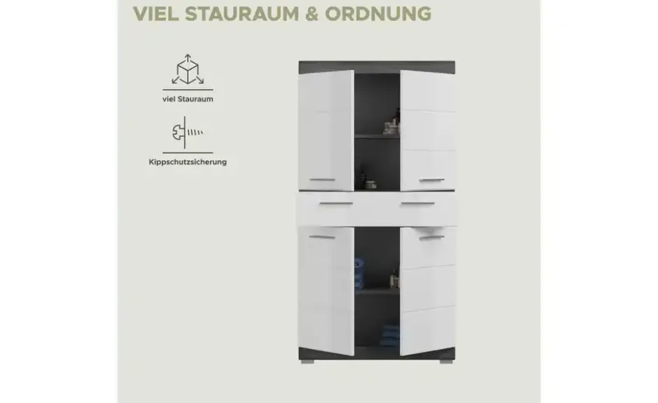 Midischrank SCHLOONSEE, Breite 74cm, 4 Türen, 1 Schubkasten, 4 Fächer, MDF-Front in verschiedenen Farben erhältlich, Badmöbel, Badschrank, Schrank, Bad Schloonsee
