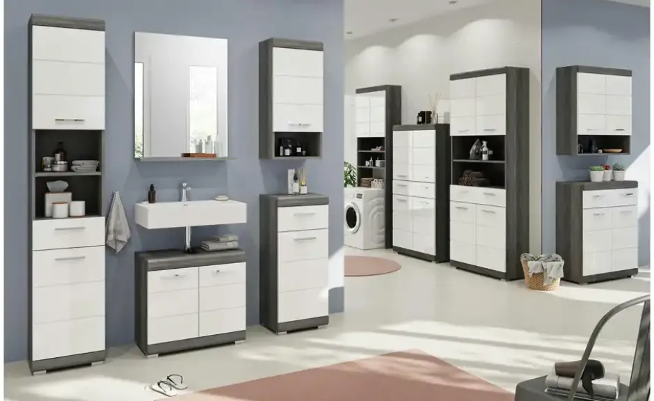 Midischrank SCHLOONSEE, Breite 74cm, 4 Türen, 1 Schubkasten, 4 Fächer, MDF-Front in verschiedenen Farben erhältlich, Badmöbel, Badschrank, Schrank, Bad Schloonsee