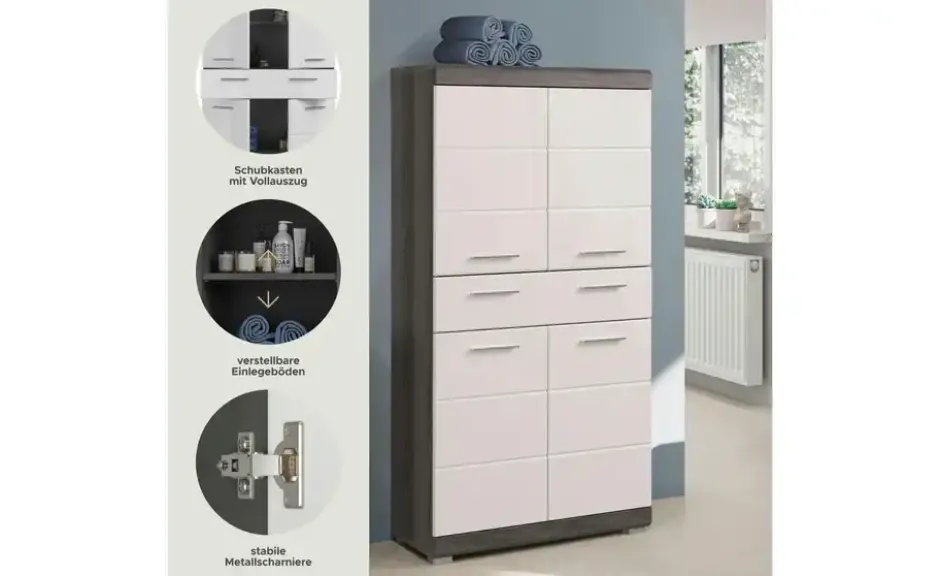 Midischrank SCHLOONSEE, Breite 74cm, 4 Türen, 1 Schubkasten, 4 Fächer, MDF-Front in verschiedenen Farben erhältlich, Badmöbel, Badschrank, Schrank, Bad Schloonsee