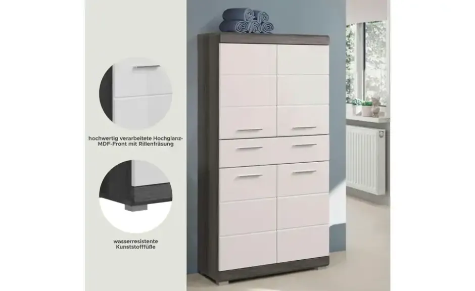 Midischrank SCHLOONSEE, Breite 74cm, 4 Türen, 1 Schubkasten, 4 Fächer, MDF-Front in verschiedenen Farben erhältlich, Badmöbel, Badschrank, Schrank, Bad Schloonsee