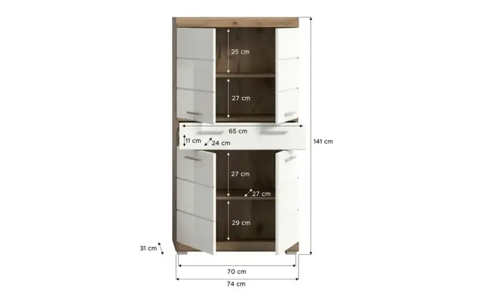 Midischrank SCHLOONSEE, Breite 74cm, 4 Türen, 1 Schubkasten, 4 Fächer, MDF-Front in verschiedenen Farben erhältlich, Badmöbel, Badschrank, Schrank, Bad Schloonsee