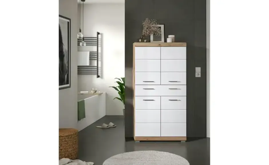 Midischrank SCHLOONSEE, Breite 74cm, 4 Türen, 1 Schubkasten, 4 Fächer, MDF-Front in verschiedenen Farben erhältlich, Badmöbel, Badschrank, Schrank, Bad Schloonsee