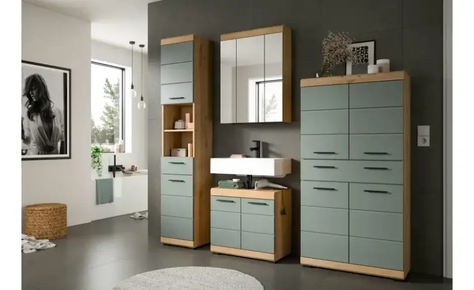 Midischrank SCHLOONSEE, Breite 74cm, 4 Türen, 1 Schubkasten, 4 Fächer, MDF-Front in verschiedenen Farben erhältlich, Badmöbel, Badschrank, Schrank, Bad Schloonsee