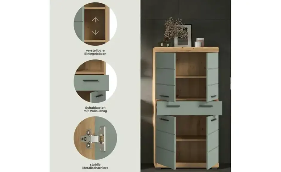 Midischrank SCHLOONSEE, Breite 74cm, 4 Türen, 1 Schubkasten, 4 Fächer, MDF-Front in verschiedenen Farben erhältlich, Badmöbel, Badschrank, Schrank, Bad Schloonsee