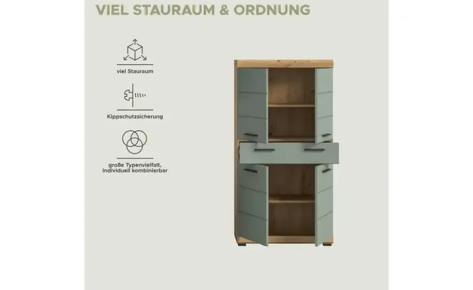 Midischrank SCHLOONSEE, Breite 74cm, 4 Türen, 1 Schubkasten, 4 Fächer, MDF-Front in verschiedenen Farben erhältlich, Badmöbel, Badschrank, Schrank, Bad Schloonsee