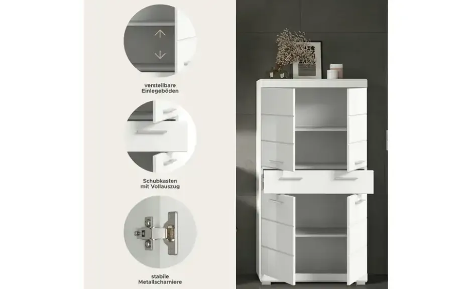 Midischrank SCHLOONSEE, Breite 74cm, 4 Türen, 1 Schubkasten, 4 Fächer, MDF-Front in verschiedenen Farben erhältlich, Badmöbel, Badschrank, Schrank, Bad Schloonsee