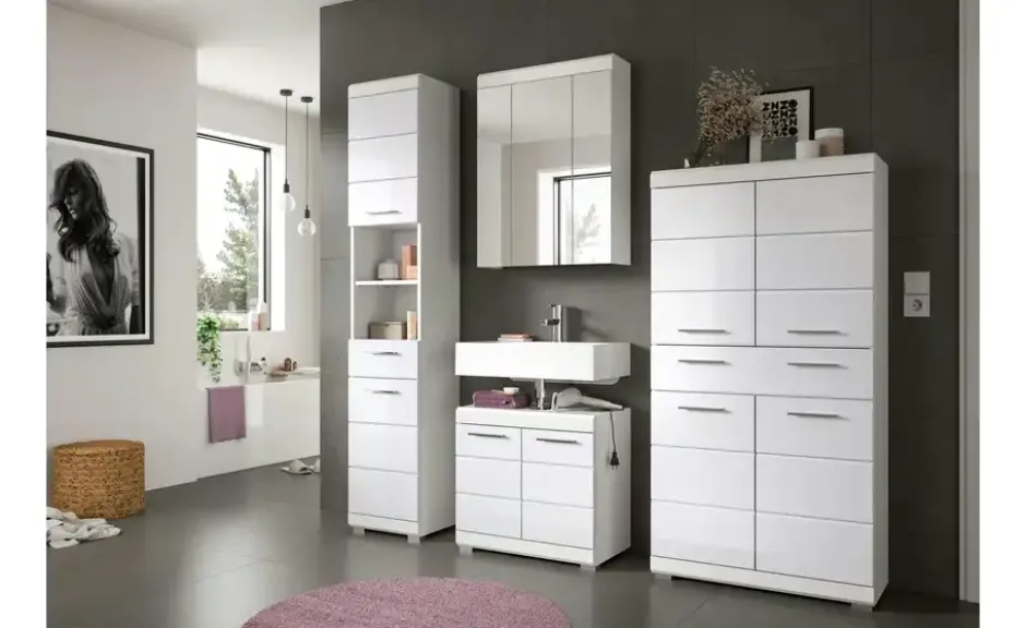 Midischrank SCHLOONSEE, Breite 74cm, 4 Türen, 1 Schubkasten, 4 Fächer, MDF-Front in verschiedenen Farben erhältlich, Badmöbel, Badschrank, Schrank, Bad Schloonsee