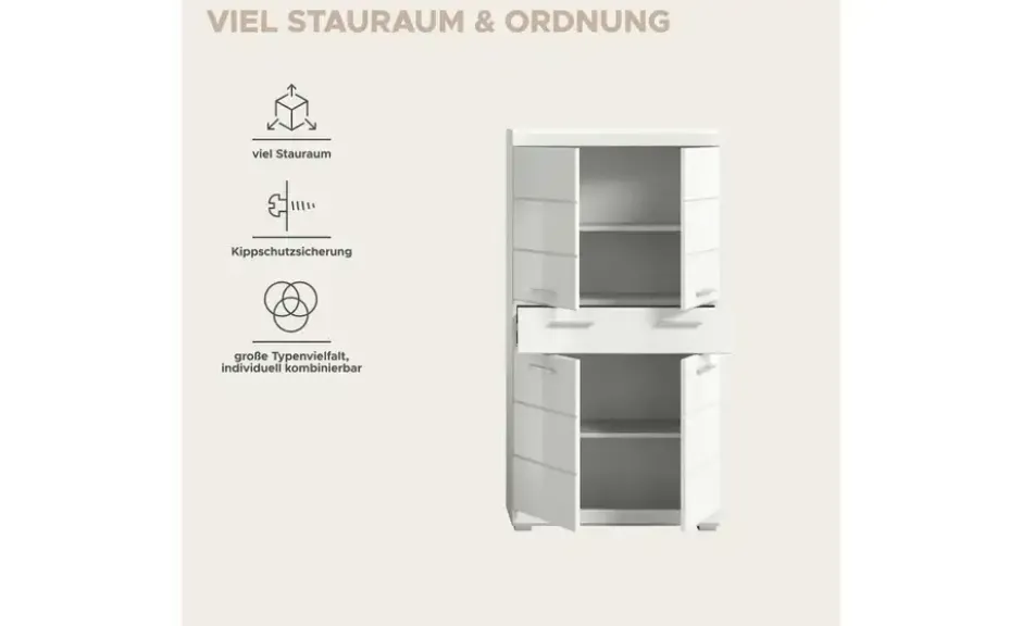 Midischrank SCHLOONSEE, Breite 74cm, 4 Türen, 1 Schubkasten, 4 Fächer, MDF-Front in verschiedenen Farben erhältlich, Badmöbel, Badschrank, Schrank, Bad Schloonsee