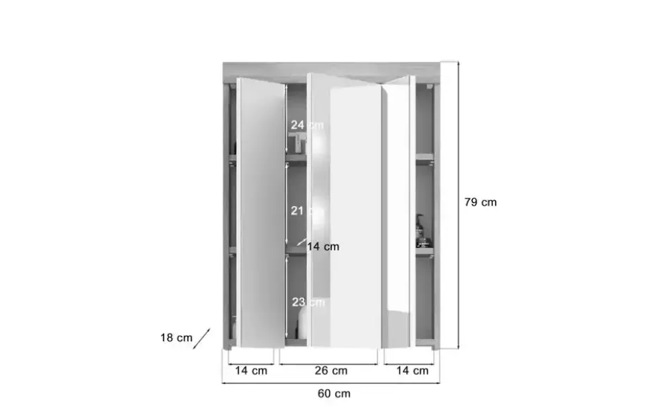 Spiegelschrank SCHLOONSEE, Breite 60cm, inkl. Beleuchtung, 3 Spiegeltüren, 9 Fächer in verschiedenen Farben erhältlich, Badmöbel, Spiegel, Badschrank, Bad Schloonsee