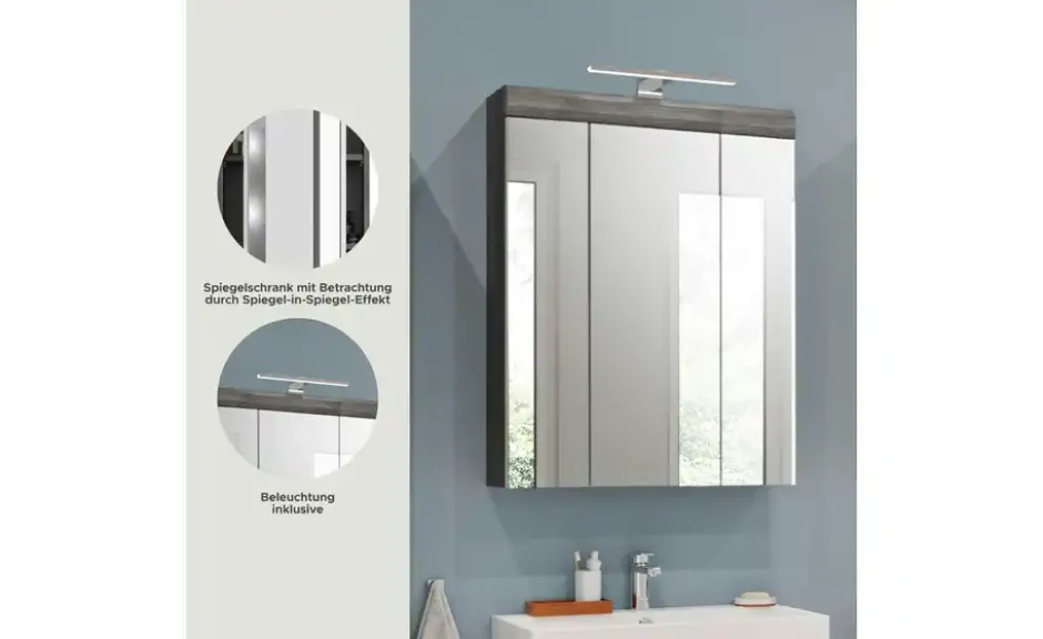 Spiegelschrank SCHLOONSEE, Breite 60cm, inkl. Beleuchtung, 3 Spiegeltüren, 9 Fächer in verschiedenen Farben erhältlich, Badmöbel, Spiegel, Badschrank, Bad Schloonsee