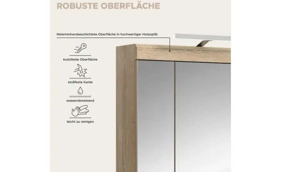 Spiegelschrank SCHLOONSEE, Breite 60cm, inkl. Beleuchtung, 3 Spiegeltüren, 9 Fächer in verschiedenen Farben erhältlich, Badmöbel, Spiegel, Badschrank, Bad Schloonsee