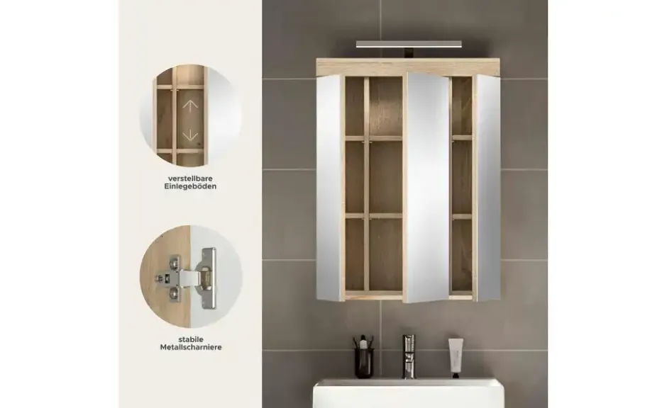 Spiegelschrank SCHLOONSEE, Breite 60cm, inkl. Beleuchtung, 3 Spiegeltüren, 9 Fächer in verschiedenen Farben erhältlich, Badmöbel, Spiegel, Badschrank, Bad Schloonsee