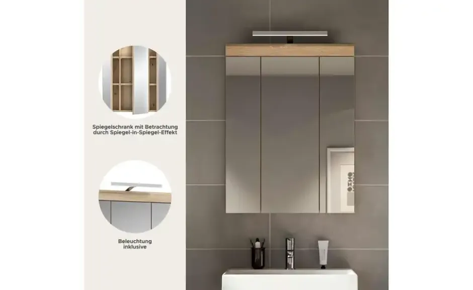 Spiegelschrank SCHLOONSEE, Breite 60cm, inkl. Beleuchtung, 3 Spiegeltüren, 9 Fächer in verschiedenen Farben erhältlich, Badmöbel, Spiegel, Badschrank, Bad Schloonsee