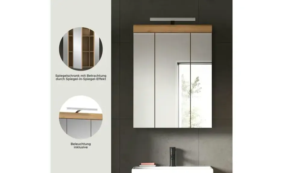 Spiegelschrank SCHLOONSEE, Breite 60cm, inkl. Beleuchtung, 3 Spiegeltüren, 9 Fächer in verschiedenen Farben erhältlich, Badmöbel, Spiegel, Badschrank, Bad Schloonsee