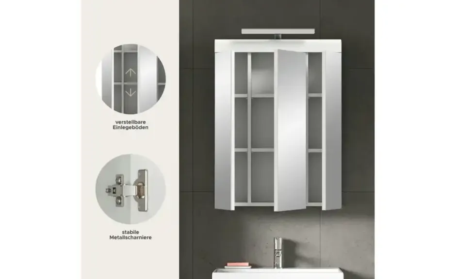 Spiegelschrank SCHLOONSEE, Breite 60cm, inkl. Beleuchtung, 3 Spiegeltüren, 9 Fächer in verschiedenen Farben erhältlich, Badmöbel, Spiegel, Badschrank, Bad Schloonsee