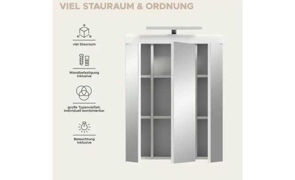 Spiegelschrank SCHLOONSEE, Breite 60cm, inkl. Beleuchtung, 3 Spiegeltüren, 9 Fächer in verschiedenen Farben erhältlich, Badmöbel, Spiegel, Badschrank, Bad Schloonsee