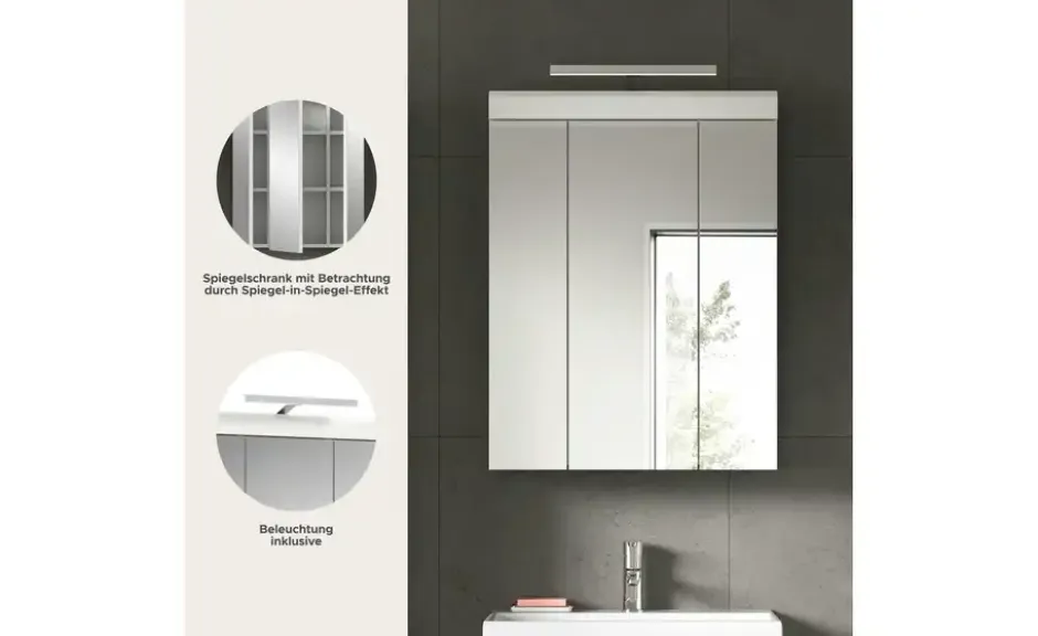 Spiegelschrank SCHLOONSEE, Breite 60cm, inkl. Beleuchtung, 3 Spiegeltüren, 9 Fächer in verschiedenen Farben erhältlich, Badmöbel, Spiegel, Badschrank, Bad Schloonsee
