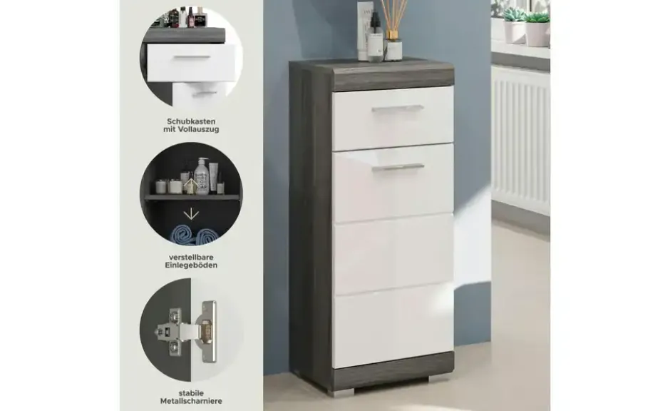 Unterschrank SCHLOONSEE, Breite 37cm, 1 Tür, 1 Schubkasten, 2 Fächer, MDF-Front in verschiedenen Farben erhältlich, Badmöbel, Badschrank, Kommode, Bad Schloonsee