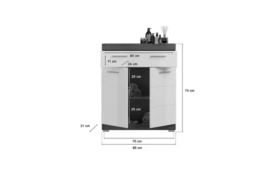 Unterschrank SCHLOONSEE, Breite 74cm, 2 Tür, 1 Schubkasten, 2 Fächer, MDF-Front in verschiedenen Farben erhältlich, Badmöbel, Badschrank, Kommode, Bad Schloonsee
