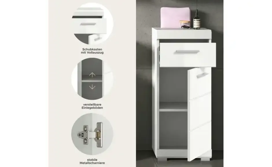 Unterschrank SCHLOONSEE, Breite 37cm, 1 Tür, 1 Schubkasten, 2 Fächer, MDF-Front in verschiedenen Farben erhältlich, Badmöbel, Badschrank, Kommode, Bad Schloonsee