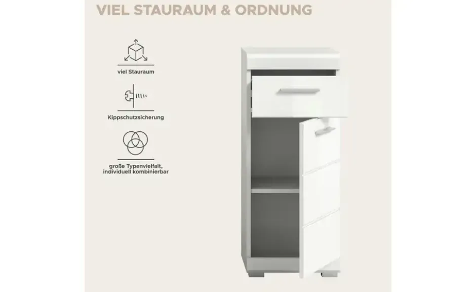 Unterschrank SCHLOONSEE, Breite 37cm, 1 Tür, 1 Schubkasten, 2 Fächer, MDF-Front in verschiedenen Farben erhältlich, Badmöbel, Badschrank, Kommode, Bad Schloonsee