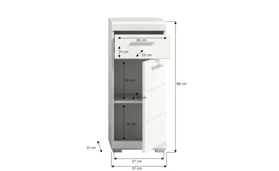 Unterschrank SCHLOONSEE, Breite 37cm, 1 Tür, 1 Schubkasten, 2 Fächer, MDF-Front in verschiedenen Farben erhältlich, Badmöbel, Badschrank, Kommode, Bad Schloonsee