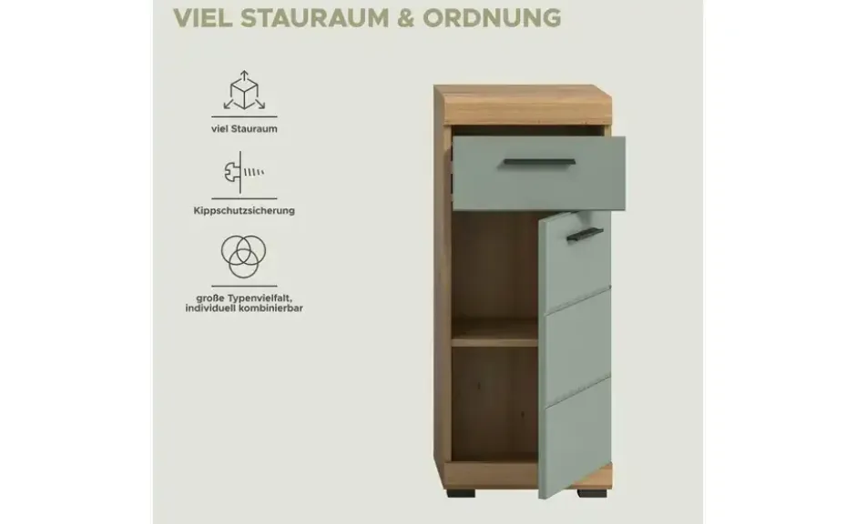 Unterschrank SCHLOONSEE, Breite 37cm, 1 Tür, 1 Schubkasten, 2 Fächer, MDF-Front in verschiedenen Farben erhältlich, Badmöbel, Badschrank, Kommode, Bad Schloonsee