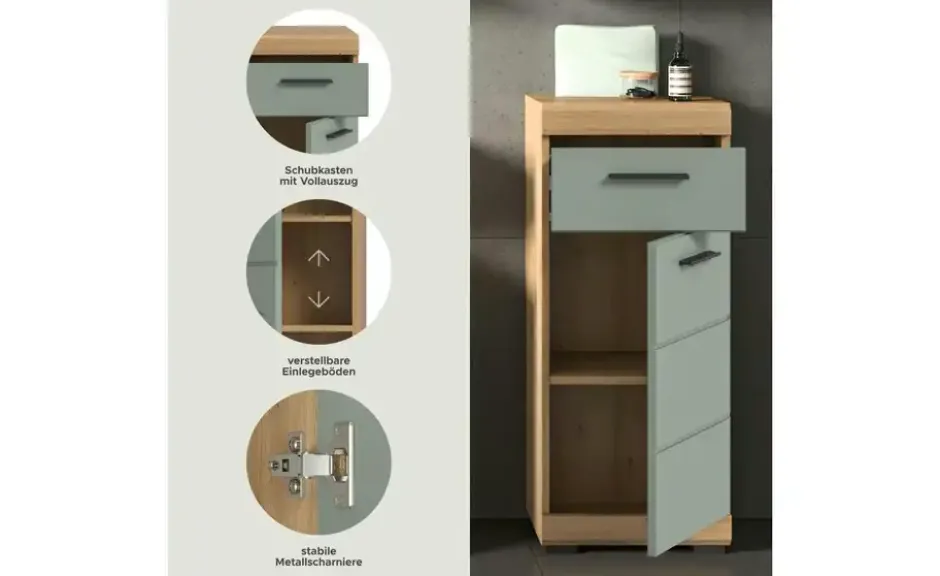 Unterschrank SCHLOONSEE, Breite 37cm, 1 Tür, 1 Schubkasten, 2 Fächer, MDF-Front in verschiedenen Farben erhältlich, Badmöbel, Badschrank, Kommode, Bad Schloonsee