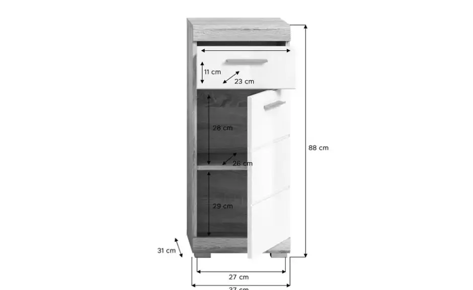 Unterschrank SCHLOONSEE, Breite 37cm, 1 Tür, 1 Schubkasten, 2 Fächer, MDF-Front in verschiedenen Farben erhältlich, Badmöbel, Badschrank, Kommode, Bad Schloonsee