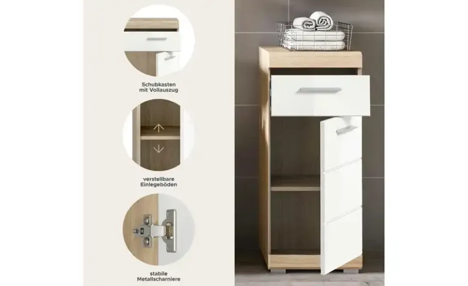 Unterschrank SCHLOONSEE, Breite 37cm, 1 Tür, 1 Schubkasten, 2 Fächer, MDF-Front in verschiedenen Farben erhältlich, Badmöbel, Badschrank, Kommode, Bad Schloonsee